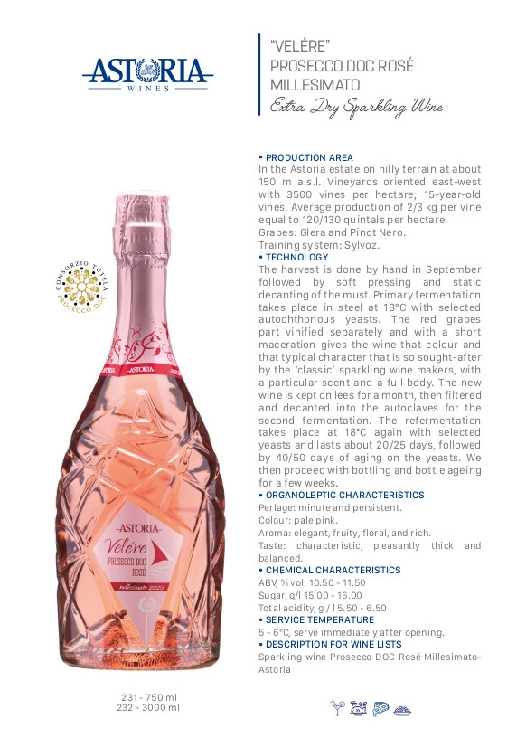 Velére Prosecco DOC Rosè Astoria Mousserende wijnen 75 cl. 3 Velére Prosecco DOC Rosè Astoria Mousserende wijnen 75 cl. 3