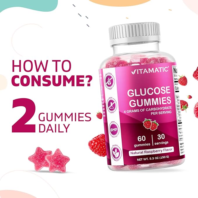 Vitamatic Glucose Gummies Natuurlijke frambozensmaak 60 stuks 2 Vitamatic Glucose Gummies Natuurlijke frambozensmaak 60 stuks 2