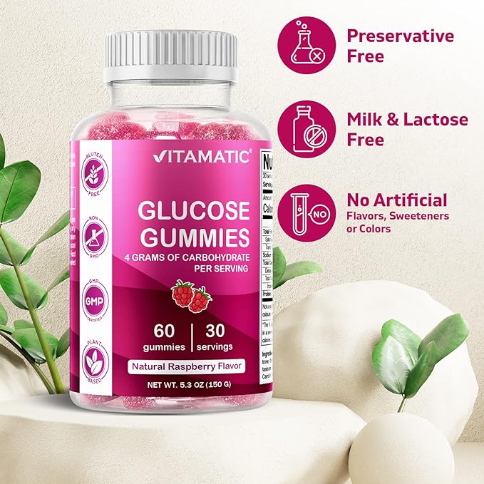 Vitamatic Glucose Gummies Natuurlijke frambozensmaak 60 stuks 3 Vitamatic Glucose Gummies Natuurlijke frambozensmaak 60 stuks 3
